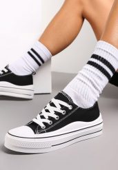 Czarne Sznurowane Trampki na Grubej Podeszwie Dayami. Czarne trampki damskie Renee, bez wzorów, z gumy, przed kostkę, bez zapięcia. Za 79.99 zł.