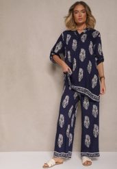 Granatowy Komplet Oversize w Stylu Rustykalnym Długa Koszula i Szerokie Spodnie Mepilara. Niebieskie koszule damskie Renee, m, bez wzorów, eleganckie, bez kołnierzyka, bez ramiączek. Za 89.99 zł.