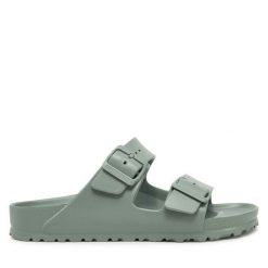 Klapki Birkenstock. Zielone klapki damskie Birkenstock, bez wzorów, bez obcasa, bez zapięcia. Za 249.99 zł.