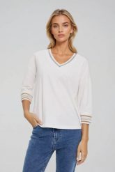 Bawełniana bluza z dekoltem w serek biała. Białe bluzy damskie MOODO, l, bez wzorów, z bawełny, bez kaptura. Za 79.99 zł.