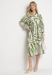 Zielona Sukienka Koszulowa z Wiskozą w Geometryczny Wzór Wiązana w Talii Ninalora. Zielone sukienki damskie Born2be, bez wzorów, z wiskozy, eleganckie, bez ramiączek. W wyprzedaży za 118.99 zł.