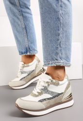 Szaro-Złote Sneakersy na Ukrytym Koturnie Ozdobione Brokatem Yavina. Brązowe obuwie sportowe damskie Born2be, bez zapięcia. Za 139.99 zł.