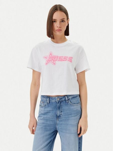 Guess T-Shirt V5GI12 K9RM1 Biały Boxy Fit. Białe t-shirty damskie Guess, m, z aplikacjami, z bawełny, bez kołnierzyka. Za 89.99 zł.