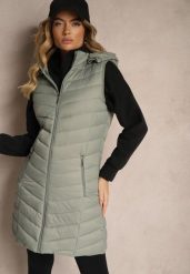 Jasnozielona Kamizelka z z Odpinanym Kapturem Ozdobiona Pikowaniem Ivathira. Zielone kamizelki damskie Renee, l, bez wzorów, z materiału. Za 119.99 zł.