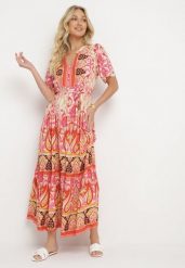 Czerwona Wiskozowa Sukienka Boho Zapinana na Guziki z Materiałowym Paskiem w Talii Dimovana. Czerwone sukienki damskie Born2be, z aplikacjami, z materiału, boho, bez ramiączek. Za 119.99 zł.