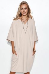 Oversizowa Sukienka w Serek z Dzianiny Dresowej - Jasnobeżowy. Białe sukienki damskie Makadamia, bez wzorów, z bawełny, bez ramiączek. Za 249.90 zł.