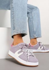 Fioletowe Sneakersy Ozdobione Geometrycznym Motywem Telindrela. Fioletowe obuwie sportowe damskie Renee, z jeansu, bez zapięcia. Za 79.99 zł.