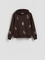 Bluza ze świątecznym motywem - ciemnobrązowy. Brązowe bluzy damskie Reserved, l, bez wzorów, z bawełny, bez kaptura. W wyprzedaży za 49.99 zł.