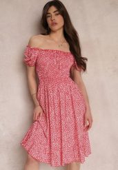Czerwona Sukienka Midi o Fasonie Bawełnianej Hiszpanki Nairo. Czerwone sukienki damskie Renee, bez wzorów, z bawełny, eleganckie, bez ramiączek. W wyprzedaży za 39.99 zł.