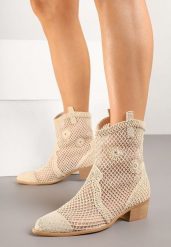 Jasnobeżowe Botki Kowbojki na Stożku ze Skórzaną Wkładką i Siateczkową Cholewką Frolozi. Brązowe botki damskie Renee, z jeansu, eleganckie, bez obcasa, na obcasie, bez zapięcia. Za 159.99 zł.