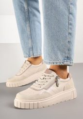 Beżowe Sneakersy z Naturalnej Skóry na Grubej Podeszwie z Suwakiem Soravelle. Brązowe obuwie sportowe damskie Renee, z jeansu, bez zapięcia. Za 169.99 zł.