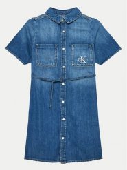 Calvin Klein Jeans Sukienka jeansowa IG0IG02578 Niebieski Regular Fit. Niebieskie sukienki dziewczęce Calvin Klein Jeans, bez wzorów, z bawełny, bez ramiączek, proste. Za 319.99 zł.