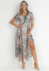 Beżowo-Zielona Sukienka Maxi z Asymetrycznym Dołem w Kwiaty Angla. Brązowe sukienki damskie Born2be, bez wzorów, bez ramiączek. Za 239.99 zł.