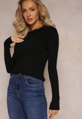 Czarny Sweter Ozdobiony Splotem z Bawełną i Wełną Sellhu. Czarne swetry klasyczne damskie Renee, m, z bawełny, bez kołnierzyka. Za 69.99 zł.