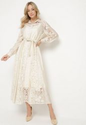 Beżowa Koszulowa Sukienka z Wiskozy z Bawełną Paskiem i Haftami Arvivia. Brązowe sukienki damskie Born2be, bez wzorów, z bawełny, eleganckie, bez ramiączek. W wyprzedaży za 229.49 zł.