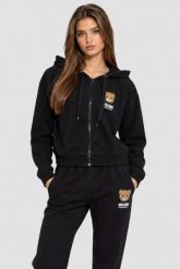 MOSCHINO Czarna damska bluza zapinana z kapturem, Rozmiar M. Czarne bluzy damskie MOSCHINO, m, bez wzorów, z kapturem. Za 899.00 zł.
