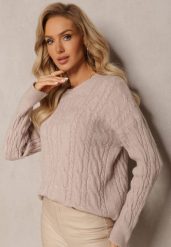 Beżowy Sweter z Okrągłym Dekoltem i Splotem w Warkocze Dawnitta. Brązowe swetry klasyczne damskie Renee, z dzianiny, bez kołnierzyka. Za 79.99 zł.