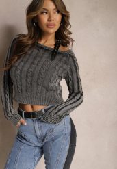 Szary Krótki Sweter ze Splotem i Paskiem z Ekoskóry przy Ramieniu Celvira. Czarne swetry klasyczne damskie Renee, na zimę, ze splotem, bez kołnierzyka. Za 149.99 zł.