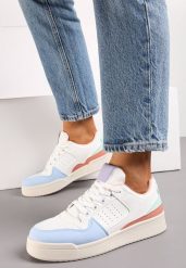 Niebiesko-Białe Sznurowane Sneakersy z Ekoskóry na Grubej Podeszwie z Ozdobnymi Łatkami Anaviria. Białe obuwie sportowe damskie Renee, z jeansu, bez zapięcia. Za 49.99 zł.