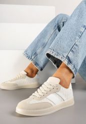 Beżowe Sneakersy Tenisówki Ozdobione Paskami Amodira. Brązowe obuwie sportowe damskie Renee, bez wzorów, z jeansu, bez zapięcia. Za 74.99 zł.