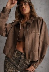 Brązowa Kurtka Bomberka Oversize z Paskami przy Rękawach Lann. Brązowe kurtki damskie Renee, na wiosnę, l, bez wzorów, z jeansu, bez kaptura. Za 169.99 zł.