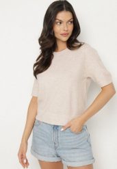 Beżowy Sweter z Wełną i Krótkim Rękawem Turosa. Brązowe swetry klasyczne damskie Born2be, z jeansu, bez kołnierzyka. Za 109.99 zł.