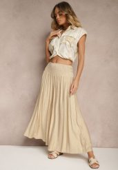 Beżowe Spodnie o Szerokim Kroju Kuloty High Waist o Długości 7/8 Ulanova. Brązowe spodnie materiałowe damskie Renee, bez wzorów, z jeansu. Za 39.99 zł.