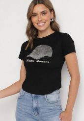 Czarny T-shirt z Bawełny z Nadrukiem Czapki i Cyrkoniami Penilna. Czarne t-shirty damskie Born2be, m, bez wzorów, z bawełny, bez kołnierzyka. Za 34.99 zł.
