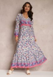 Beżowo-Niebieska Sukienka Maxi w Kwiaty z Wiskozy Vellu. Brązowe sukienki damskie Renee, z aplikacjami, z wiskozy, boho, bez ramiączek. W wyprzedaży za 75.99 zł.