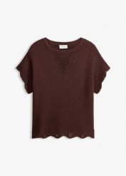 Sweter z krótkim rękawem z błyszczącą nicią. Brązowe swetry klasyczne damskie bonprix, bez kołnierzyka. Za 47.99 zł.