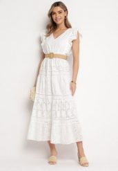 Biała Koronkowa Sukienka Maxi o Rozkloszowanym Fasonie z Falbankami Wilea. Białe sukienki damskie Born2be, bez wzorów, z koronki, bez ramiączek. Za 159.99 zł.