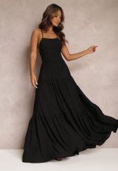 Czarna Rozkloszowana Maxi Sukienka z Falbankami i Wiązaniem na Tyle Karins. Czarne sukienki damskie Renee, z aplikacjami, z dzianiny, bez ramiączek. Za 129.99 zł.