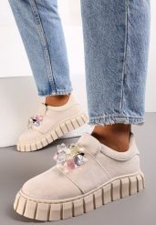 Beżowe Wsuwane Sneakersy na Platformie z Kryształkami Alexelina. Brązowe obuwie sportowe damskie Renee, z jeansu, bez zapięcia. Za 44.99 zł.