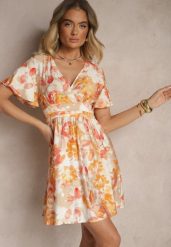 Pomarańczowa Rozkloszowana Sukienka z Wiskozą w Kwiaty z Kopertowym Dekoltem Zeledia. Brązowe sukienki damskie Renee, bez wzorów, z wiskozy, eleganckie, bez ramiączek. W wyprzedaży za 43.99 zł.