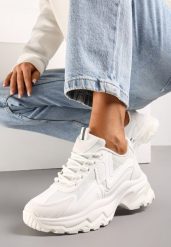 Białe Klasyczne Sneakersy Sznurowane na Niskiej Platformie Lenivia. Białe obuwie sportowe damskie Renee, z jeansu, bez zapięcia. Za 119.99 zł.