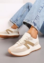 Beżowe Sneakersy na Płaskiej Podeszwie z Geometryczną Wstawką Sewla. Brązowe obuwie sportowe damskie Renee, z jeansu, bez zapięcia. Za 99.99 zł.