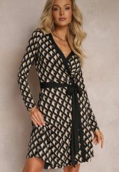 Beżowa Sukienka Kopertowa w Geometryczny Wzór Feozie. Brązowe sukienki damskie Renee, bez wzorów, biznesowe, bez ramiączek. W wyprzedaży za 143.99 zł.