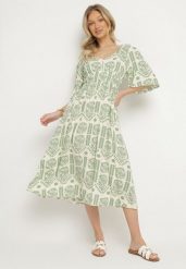 Zielono-Kremowa Sukienka Wiskozowa Rozkloszowana z Odkrytymi Plecami w Print Boho Turaisa. Zielone sukienki damskie Born2be, bez wzorów, z wiskozy, boho, bez ramiączek. Za 89.99 zł.