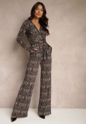Brązowy Kopertowy Kombinezon Zdobiony Ornamentalnym Wzorem Mesiera. Brązowe sukienki damskie Renee, z aplikacjami, eleganckie, bez ramiączek. W wyprzedaży za 119.99 zł.
