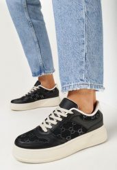 Czarne Sneakersy na Grubej Podeszwie z Nadrukiem Damaleta. Czarne obuwie sportowe damskie Born2be, bez zapięcia. Za 79.99 zł.