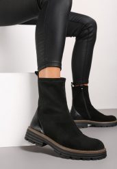 Czarne Płaskie Botki z Kontrastową Wstawką Carievia. Czarne botki damskie Born2be, eleganckie, bez obcasa, na płaskiej podeszwie, bez zapięcia. Za 179.99 zł.