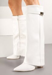 Białe Kozaki z Szeroką Cholewką i Szpiczastym Noskiem Jazmynn. Białe kozaki damskie Born2be, ze szpiczastym noskiem, przed kolano, bez obcasa, na obcasie, bez zapięcia. Za 169.99 zł.
