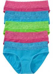 Figi z miękką bawełną i koronką (5 par). Niebieskie figi bonprix, bez wzorów, z bawełny. Za 64.99 zł.