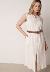 Beżowa Sukienka z Bawełną i Wiskozą Ozdobiona Paskiem Luven. Brązowe sukienki damskie Born2be, bez wzorów, z bawełny, eleganckie, bez ramiączek. Za 139.99 zł.