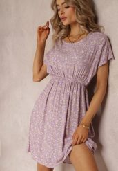 Fioletowa Rozkloszowana Sukienka Mini w Kwiaty z Gumką w Pasie z Wiskozy Elineano. Fioletowe sukienki damskie Renee, bez wzorów, z wiskozy, bez ramiączek. W wyprzedaży za 31.49 zł.