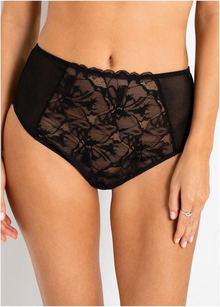 Koronkowe stringi z wysokim stanem. Czarne komplety bielizny bonprix, bez wzorów, z koronki. Za 42.99 zł.