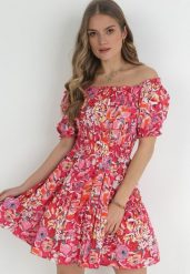 Fuksjowa Wiskozowa Sukienka Mini z Gumkami w Pasie i Falbanką Muena. Czerwone sukienki damskie Born2be, bez wzorów, z tkaniny, bez ramiączek. W wyprzedaży za 59.49 zł.