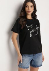 Czarny T-shirt z Ozdobnym Nadrukiem z Brokatem Tenesia. Czarne t-shirty damskie Born2be, l, bez wzorów, z jeansu, bez kołnierzyka. Za 29.99 zł.