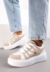 Biało-Beżowe Sneakersy na Grubej Podeszwie przed Kostkę Alisis. Białe obuwie sportowe damskie Renee, przed kostkę, bez zapięcia. Za 89.99 zł.