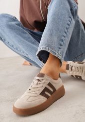 Beżowe Sneakersy Skórzane w Stylu Tenisówek z Geometrycznym Wzorem Eshiryla. Brązowe obuwie sportowe damskie Renee, bez zapięcia, tenisowe. Za 189.99 zł.